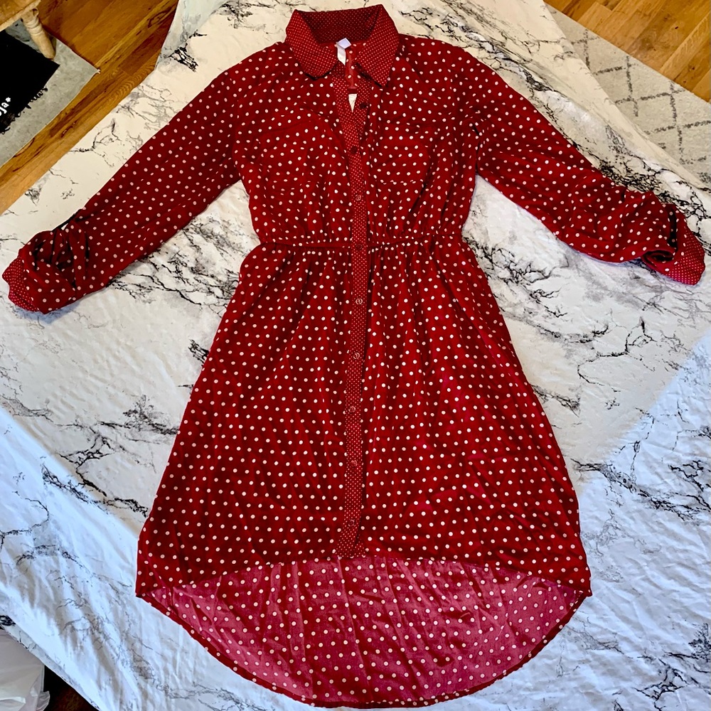 Polka Dot Long Sleeve High-Low Dress